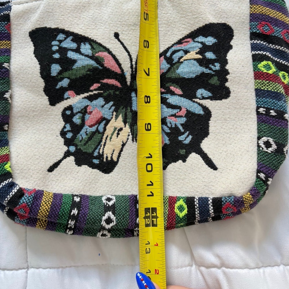 Boho Butterfly Woven Tapestry Tote Bag Small Zippered Handbag Striped Hippie Y2K - Picture 3 of 7